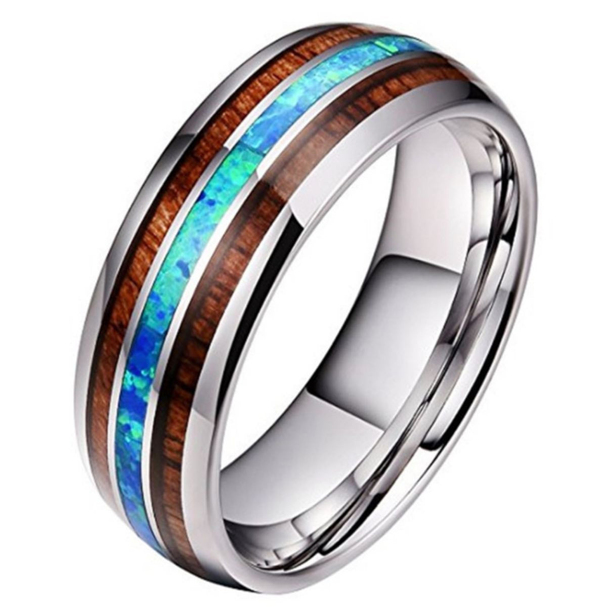 Hawaiian Koa Wood Blue Opal Shell Tungsten Band (#c239)