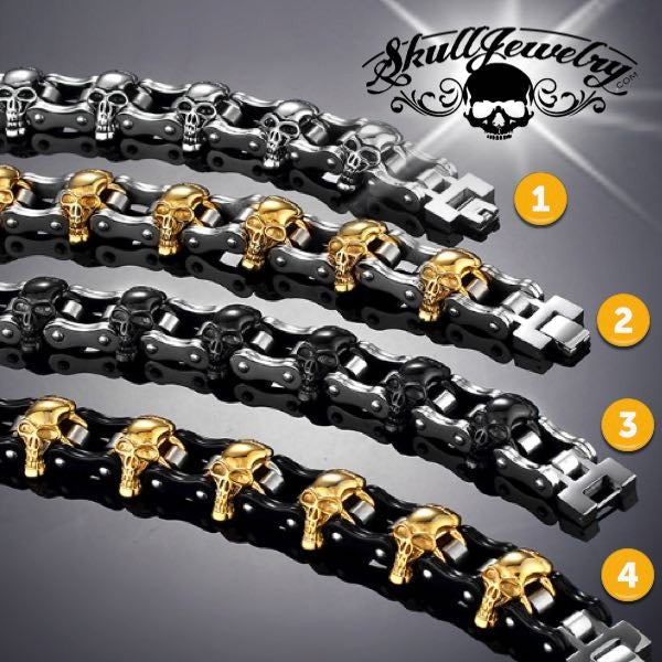 "It's Only Rock 'n Roll" Big, Bold & Thick Stainless Steel Skulls Bracelet