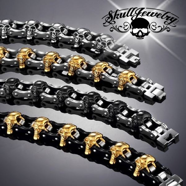 "It's Only Rock 'n Roll" Big, Bold & Thick Stainless Steel Skulls Bracelet