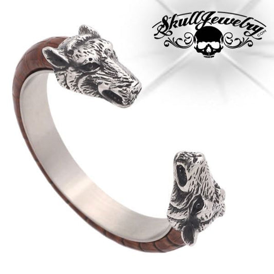 Leather/Steel Wolf Bangle Bracelet