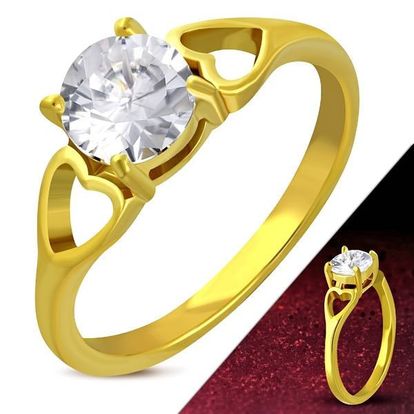 Gold Color Plated Stainless Steel Prong-Set Love Heart Shank Engagement Ring W/ Clear CZ