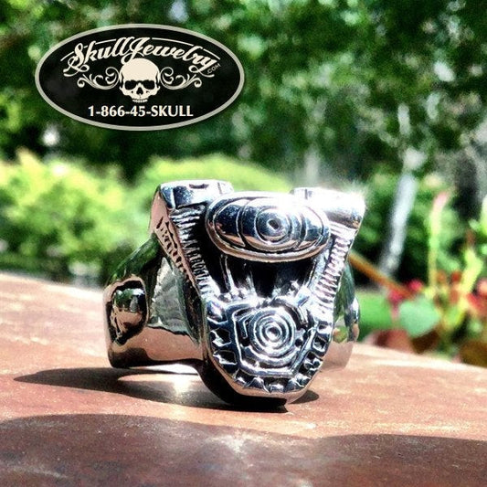 On The Road Again Engine Ring with Skulls