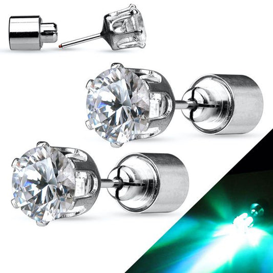 Pair of LED Blinking Clear Round CZ 316L Surgical Steel Stud Earring. Battery Included.