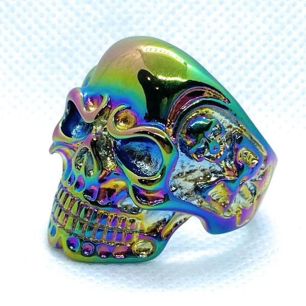 'Psychedelic' Heavy Biker Skull Ring With Side Skeletons (010Psychedelic)