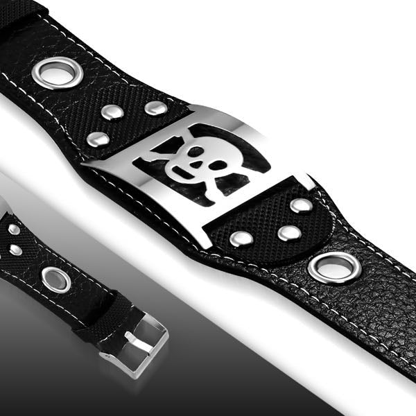  Pulsera de cuero con placa de calavera