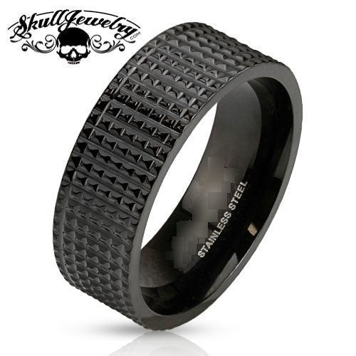 Pyramid Spikes Black Band Ring Stainless Steel