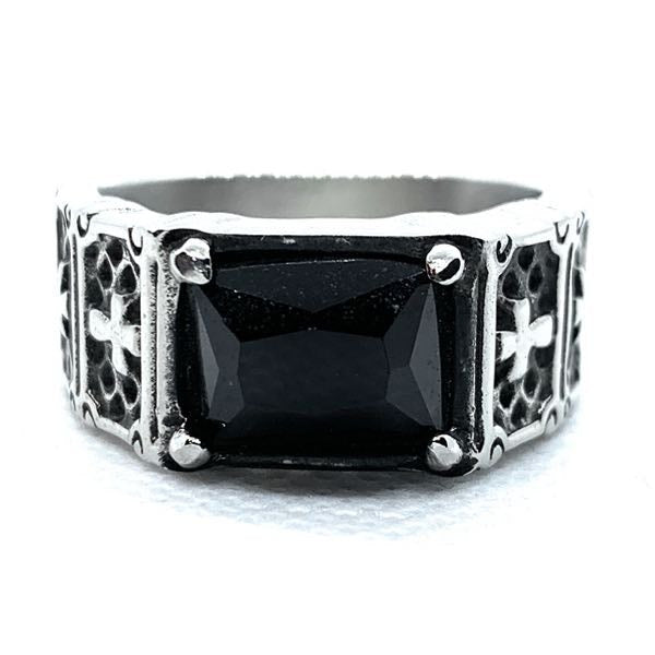 Return of the "Gypsy Queen" Faceted Rectangle Onyx Gem Stainless Steel Ring with Crosses (346)