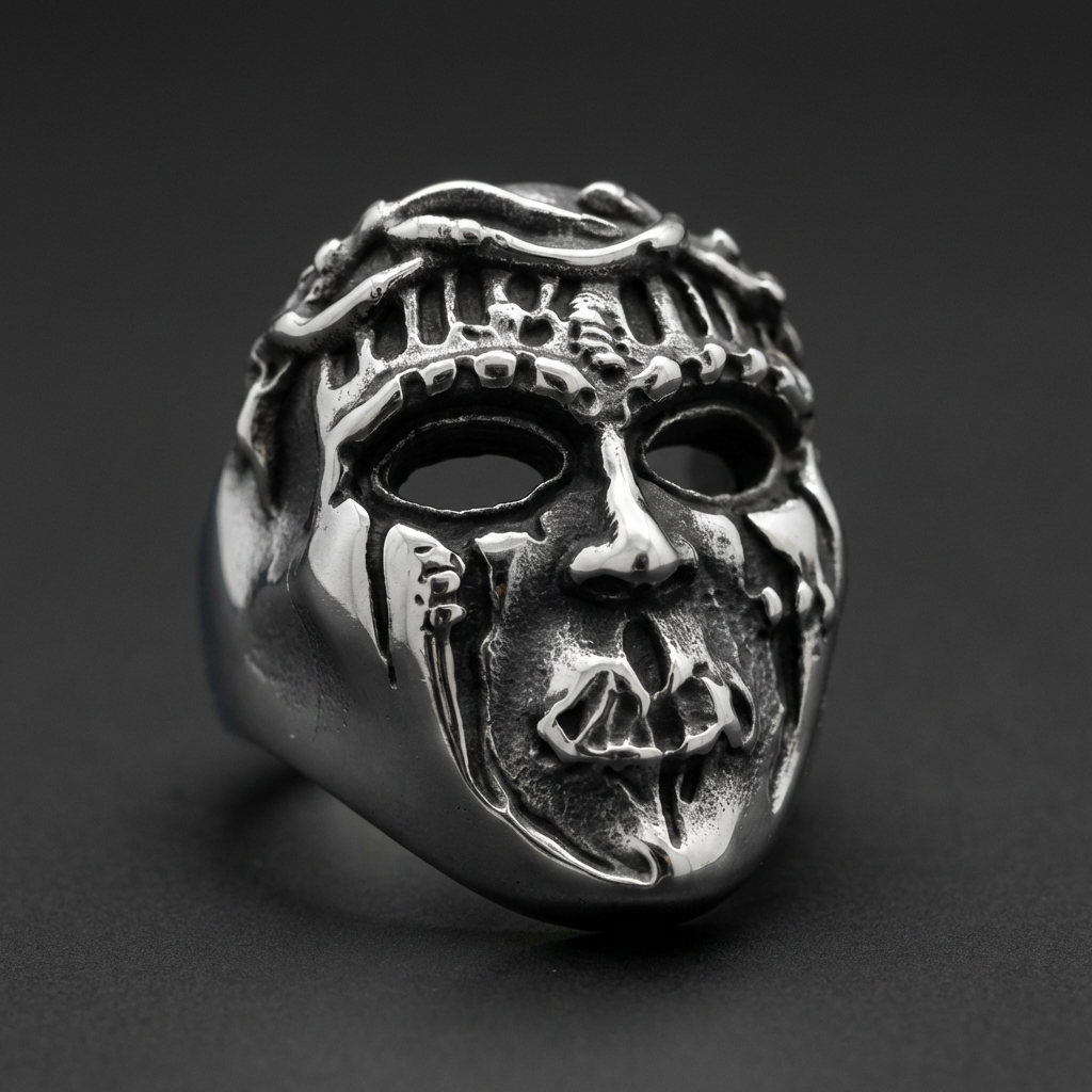 SCHWARZMAUL™ Outcast III Deathmask Legion ring features a bold mask-like design in polished 316L stainless steel.