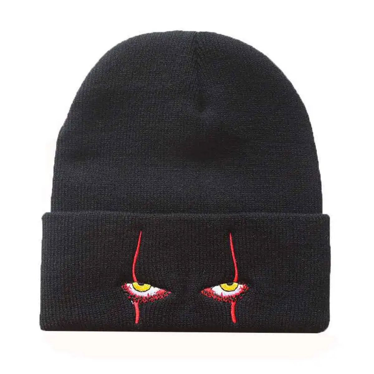 Scary Eyes Embroidered Black Knitted Hat