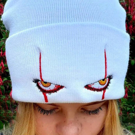 Scary Eyes Embroidered White Knitted Hat