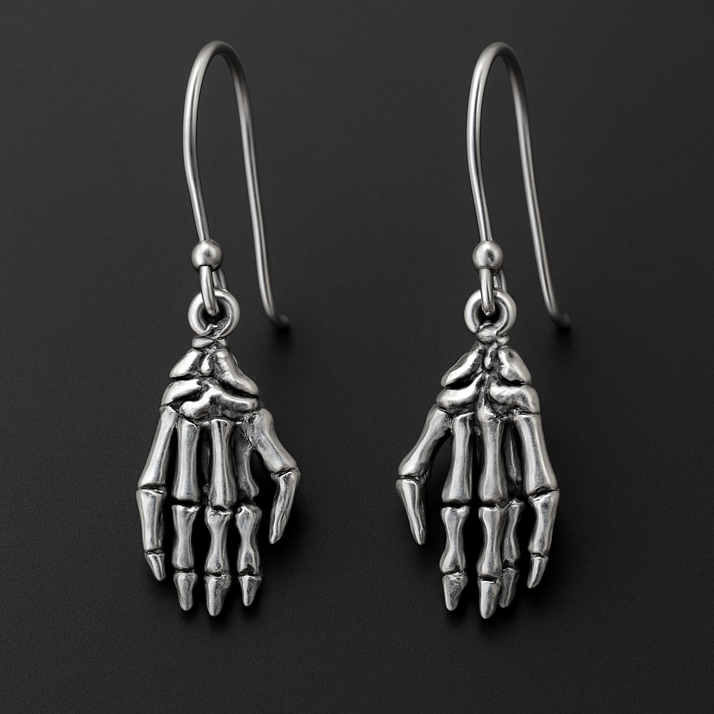 Skeleton hand earrings crafted from 316L stainless steel, in silver color, with a gothic skeletal design.