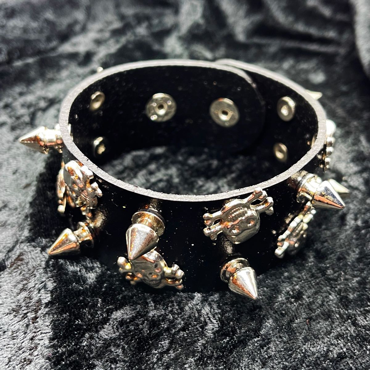 Black Leather Stainless Steel Skull & Crossbones Studded Bracelet