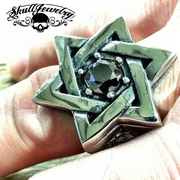 'Star of David' Ring with Black CZ Stone