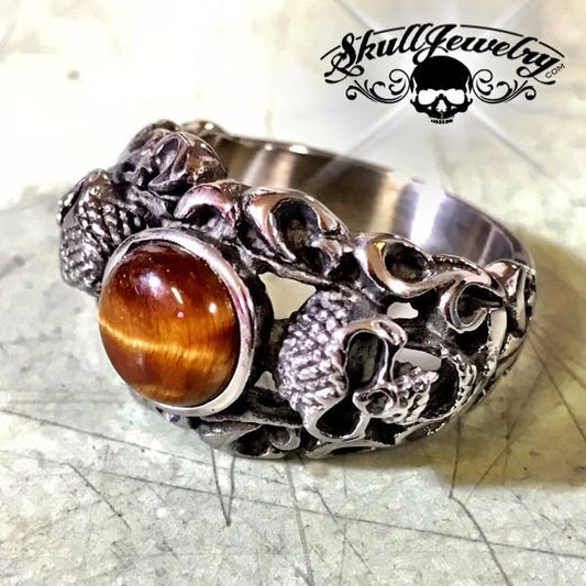 'Tigers Eye' Stainless Steel Skull Ring (732)