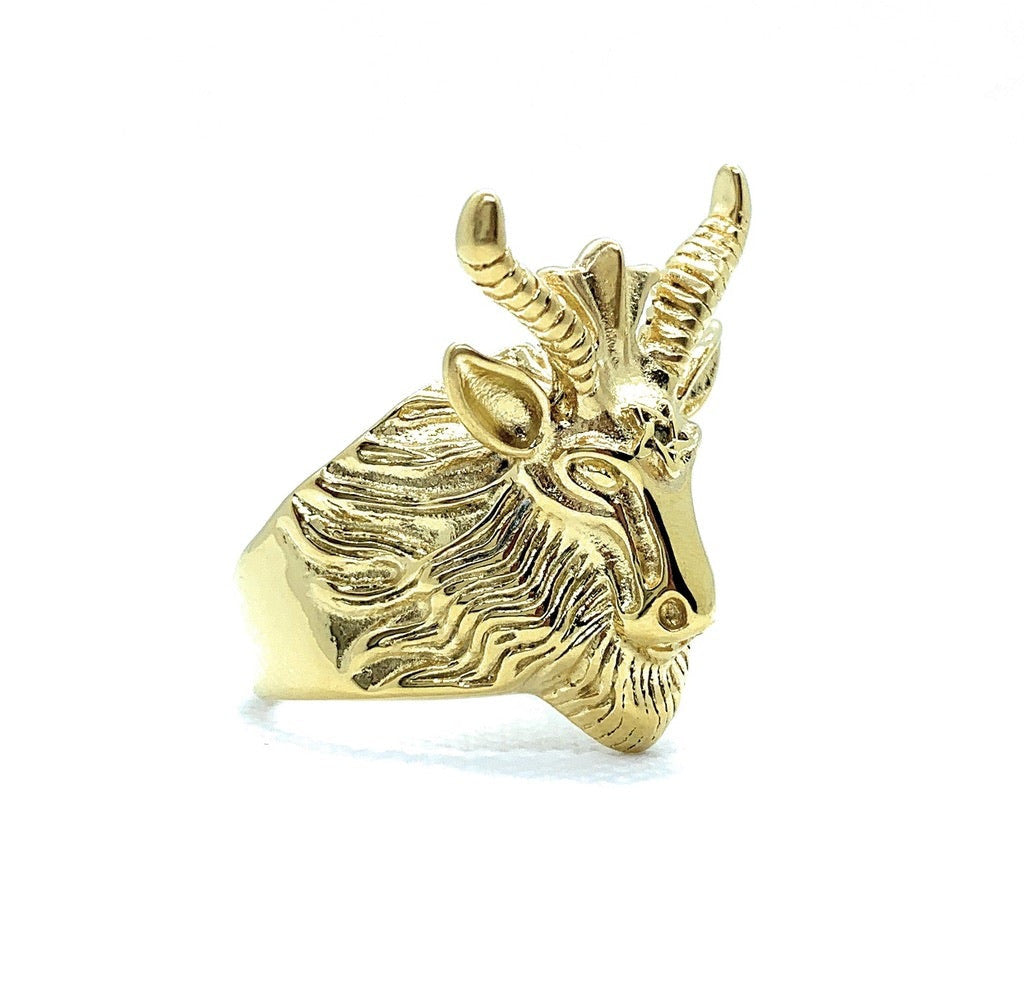 Gold Goat Head With Horns Biker Ring