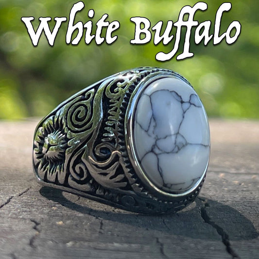 White Buffalo Stainless Steel Ring on a finger