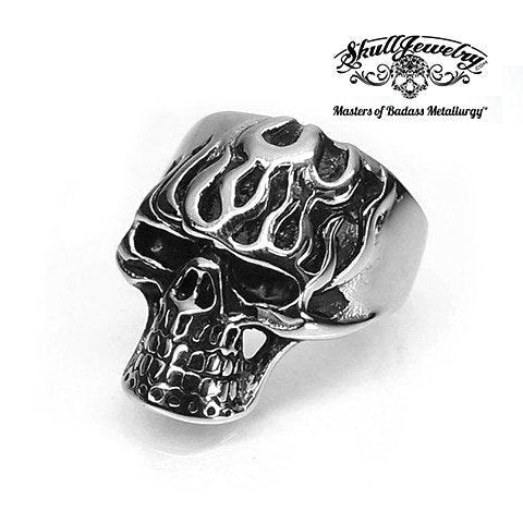 Stainless Steel Skull Ring With Flames On Forehead