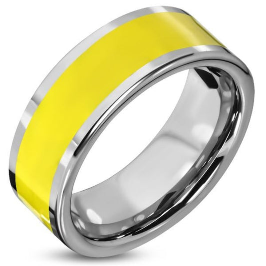 Yellow Stripe Band Stainless Steel Ring