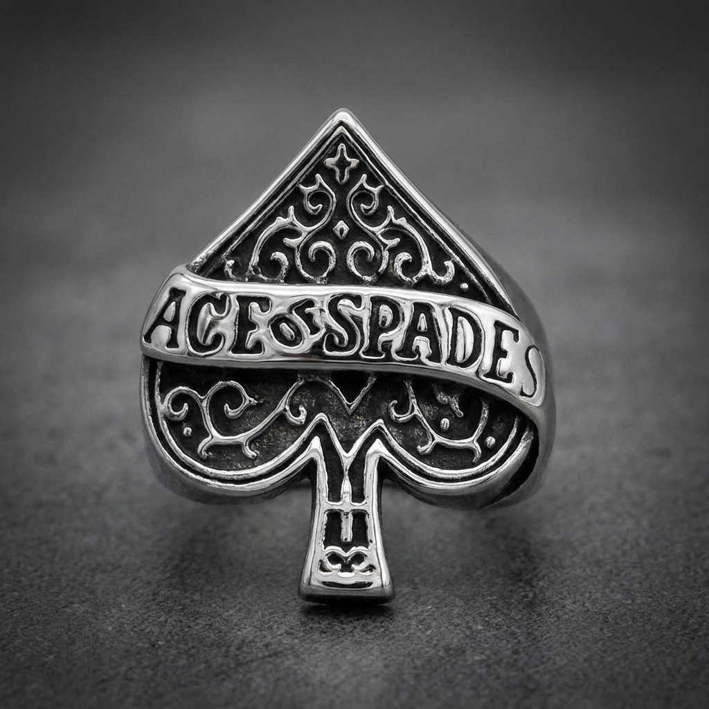 Bold Ace of Spades ring in 316L stainless steel with intricate filigree and text band.