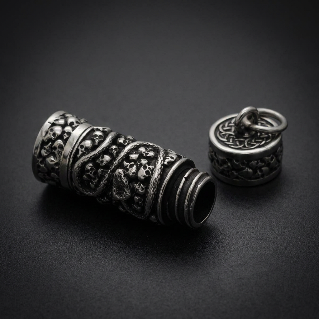 Sacred Skull Vessel pendant in 316L stainless steel with a hidden compartment, featuring intricate skull and snake designs.