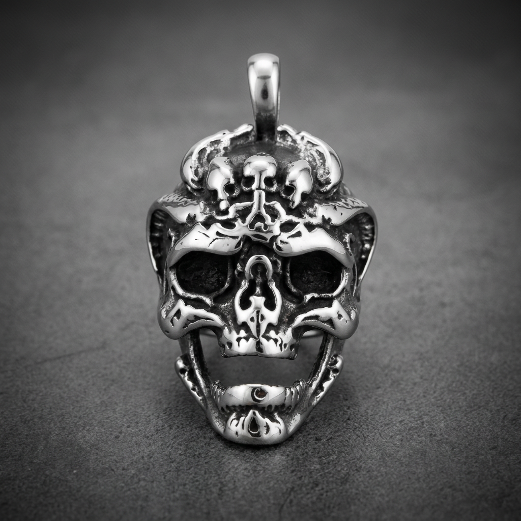 Aegis Skull stainless steel pendant, highly detailed skull with organic molten metal textures, dark recesses, and high polish highlights.