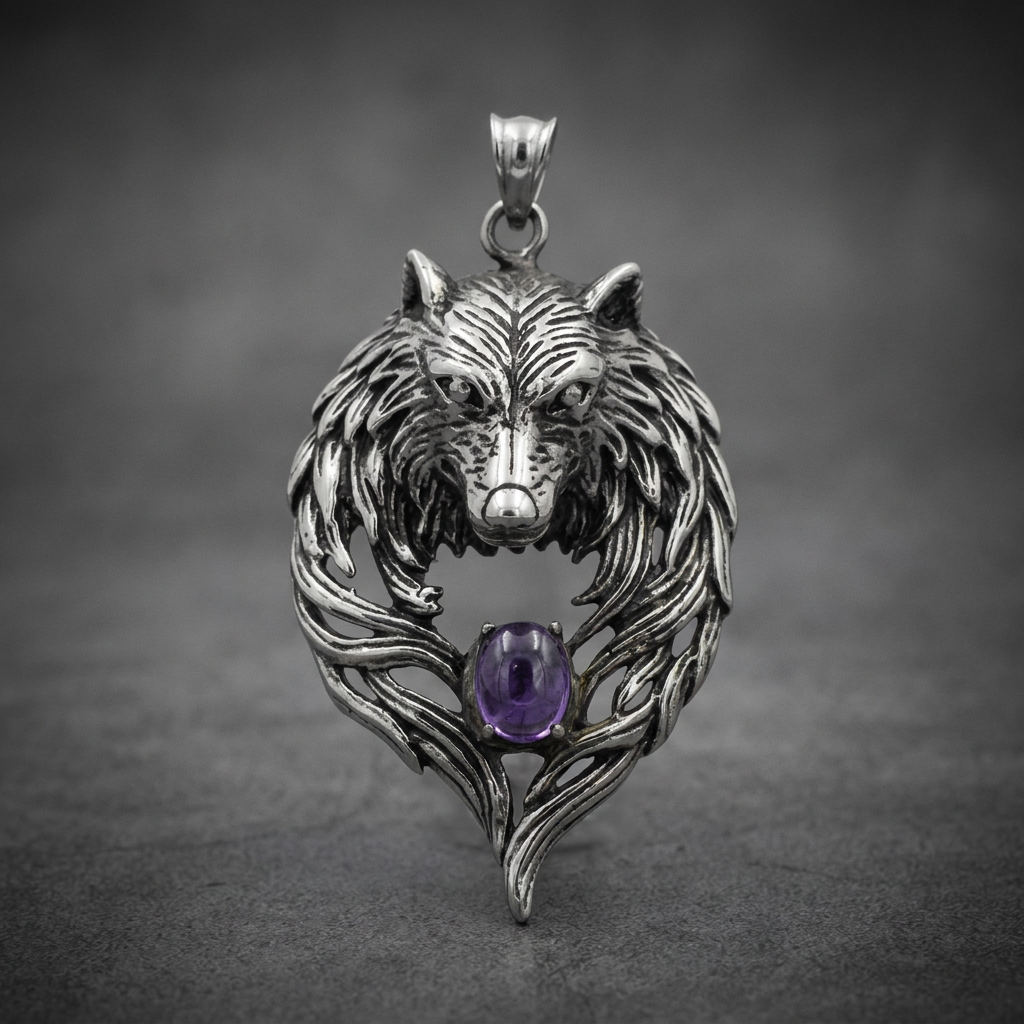 Heavy 316L surgical stainless steel wolf pendant with detailed fur, piercing eyes, and a prominent oval purple gemstone.