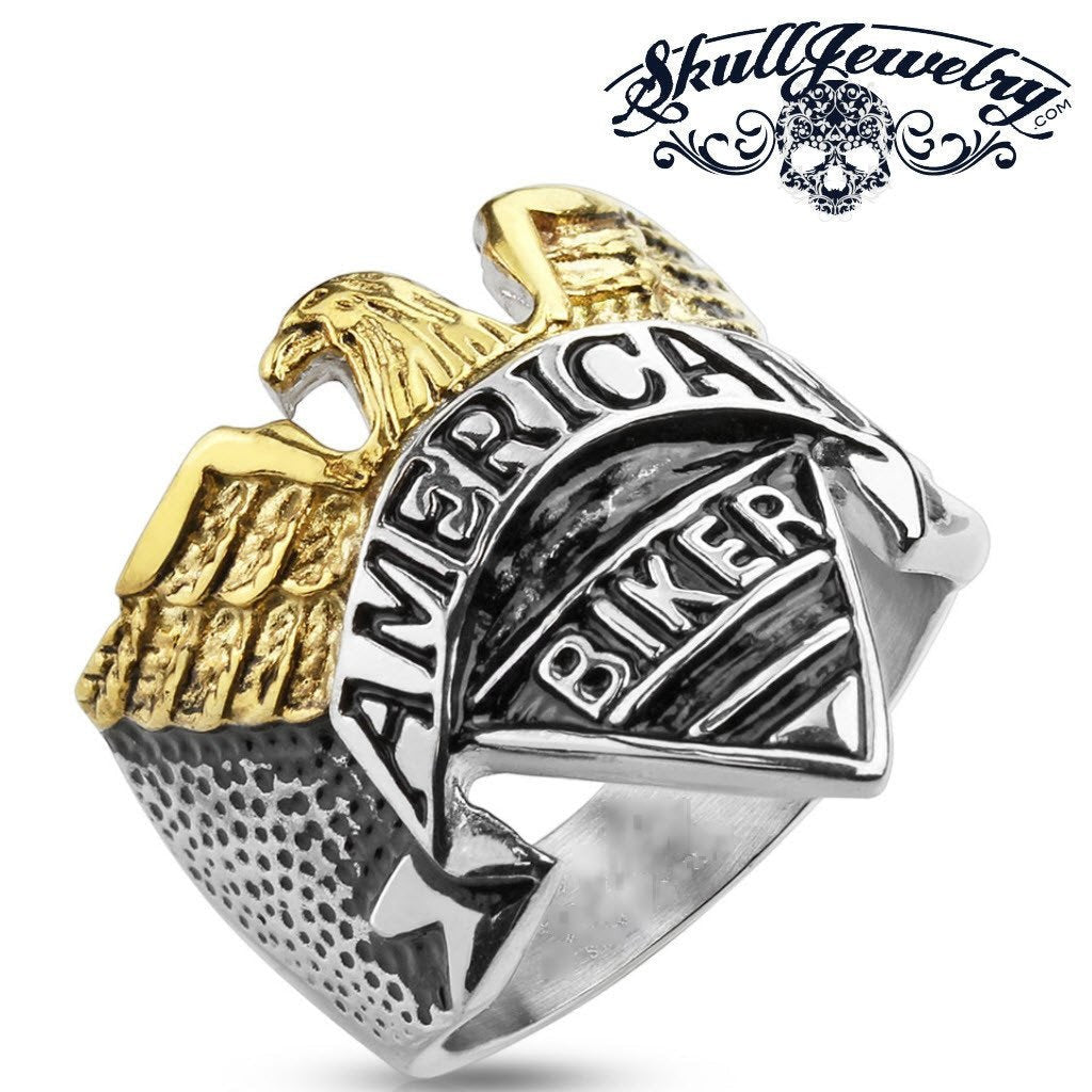 American Biker - Gold / Silver Tone Biker Ring With Gold Eagle