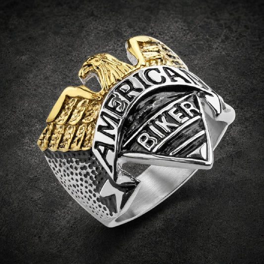 American Biker - Gold / Silver Tone Biker Ring With Gold Eagle