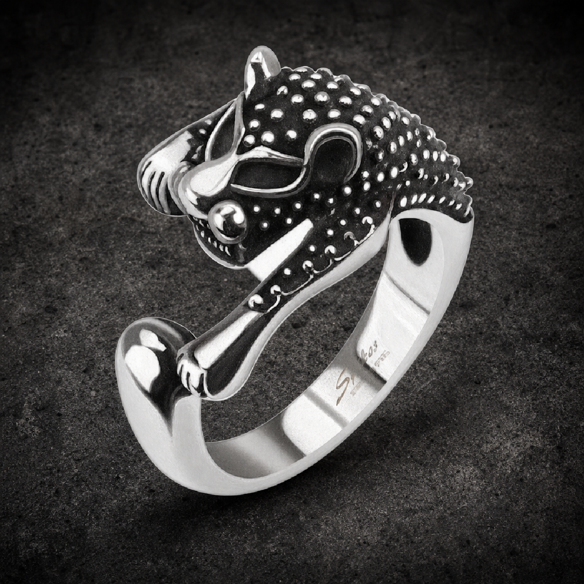 Ancient Feline (cat) Ring With Antiqued Studs - 316L stainless steel unisex jewelry (606SJ05)
