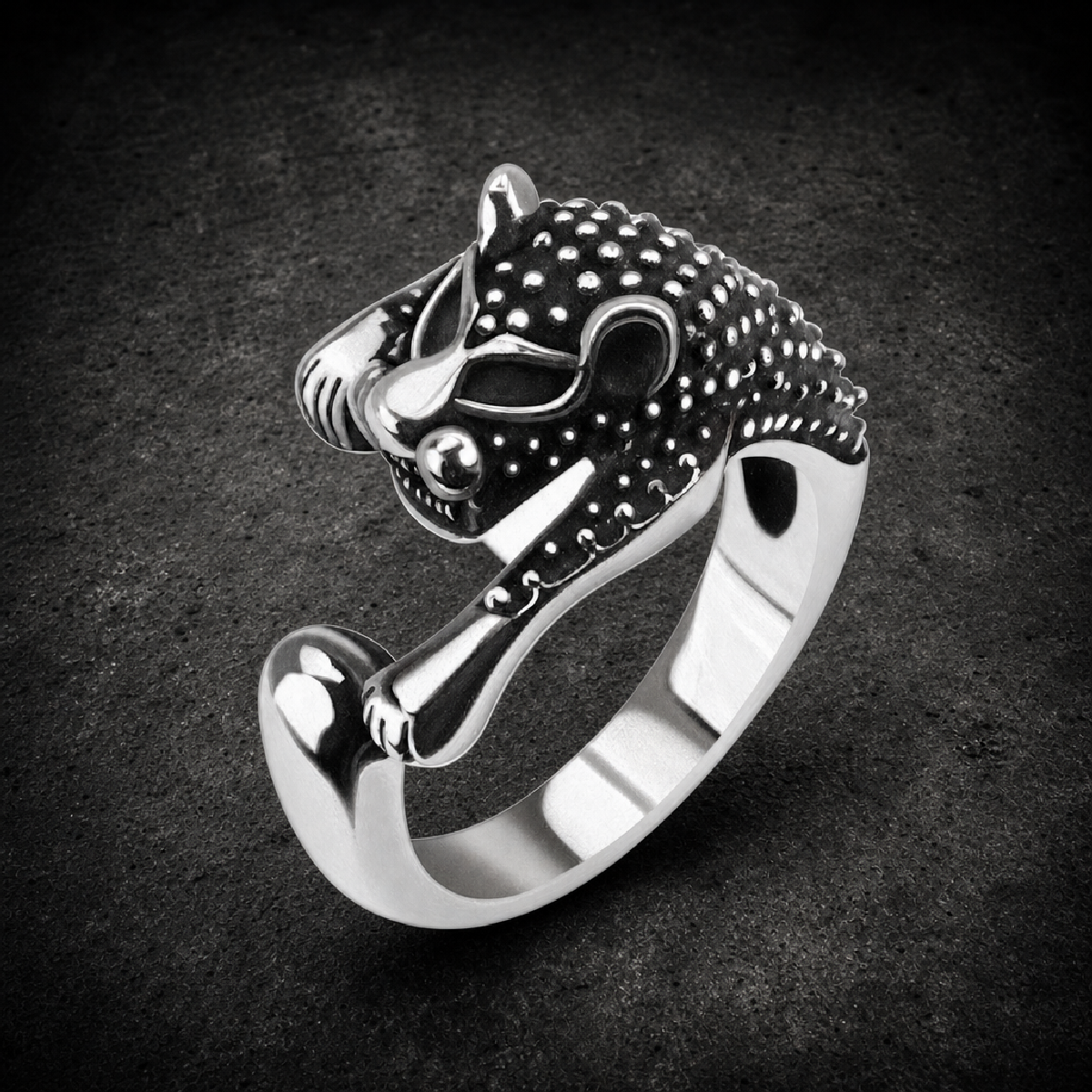 Ancient Feline (cat) Ring With Antiqued Studs - 316L stainless steel unisex jewelry (E109)