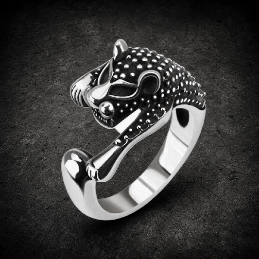 Ancient Feline (cat) Ring With Antiqued Studs - 316L stainless steel unisex jewelry (E109)