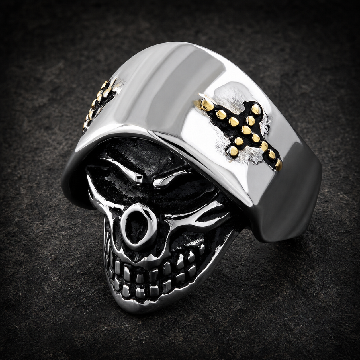 Angel of Death Skull Ring With Gold Cross on Side - 316L stainless steel unisex jewelry (R0462)