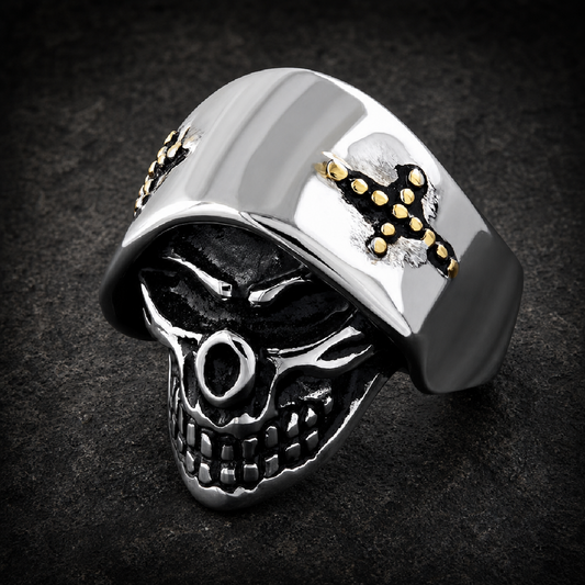 Angel of Death Skull Ring With Gold Cross on Side - 316L stainless steel unisex jewelry (R0462)