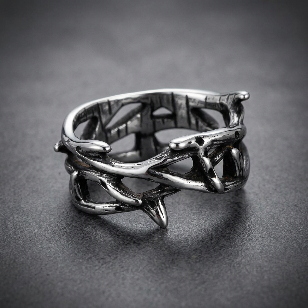 Heavy 316L stainless steel ring with an intricate, dark skeletal branch design, wrapping around the finger in an untamed, organic form.