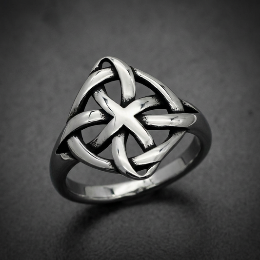 Anvil Knot Ring in 316L stainless steel with a polished silver finish. Features an intricate Celtic knot design with a central cross pattern.