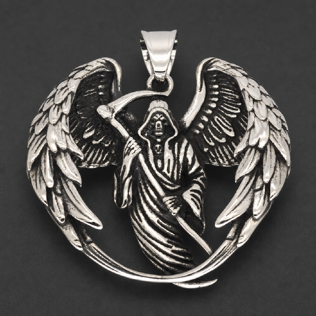 Angel of the Final Hour Pendant, 316L surgical stainless steel, featuring a grim reaper with a scythe and large feathered wings.