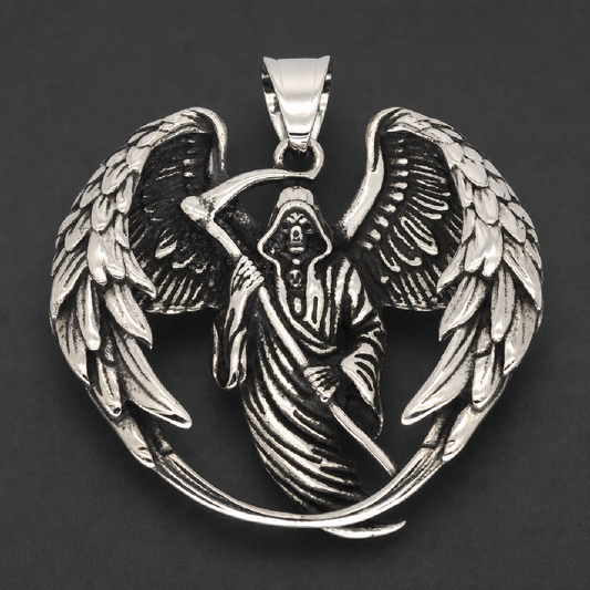 Angel of the Final Hour Pendant, 316L surgical stainless steel, featuring a grim reaper with a scythe and large feathered wings.