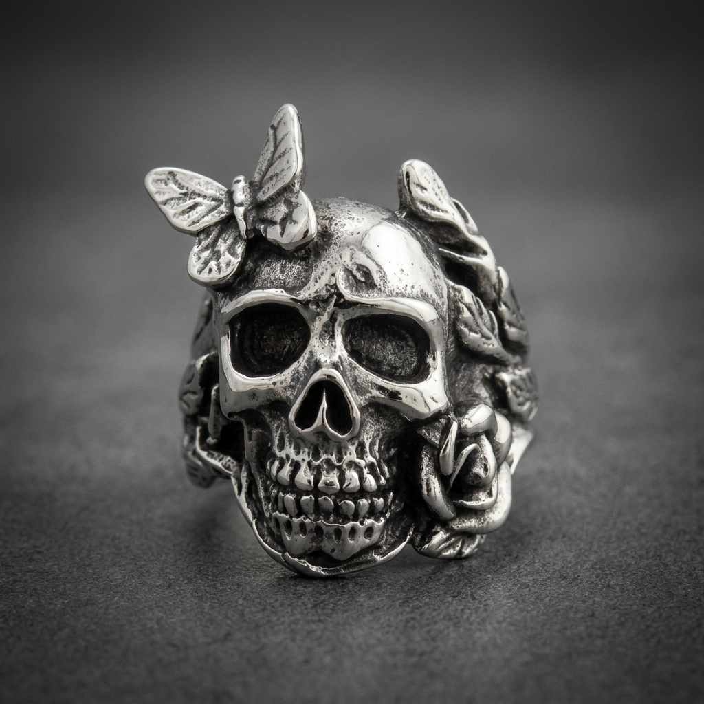 Heavy 316L stainless steel skull ring with butterfly and rose details, silver finish