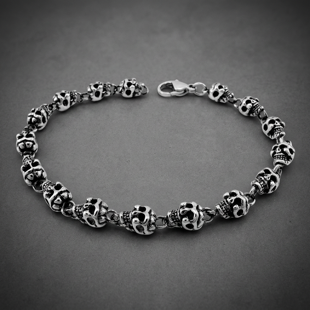 Heavy 316L stainless steel bracelet featuring a chain of numerous detailed skull link beads with dark oxidized accents and a polished finish.