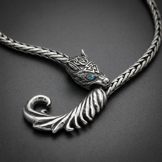Anvil Wolf 36 inch necklace with detailed wolf head and blue eyes in 316L stainless steel