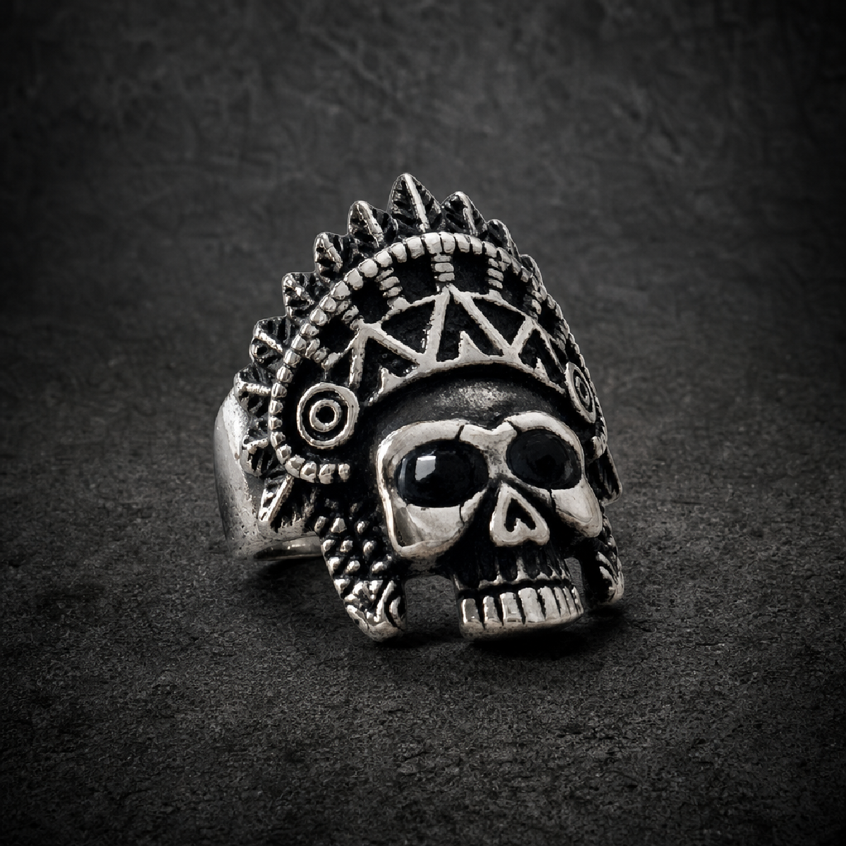 Apache Headress - Skull Ring w/ Black Gemstone Eyes - (610) - 316L stainless steel unisex jewelry (R0676)