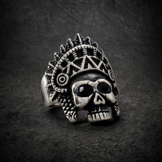 Apache Headress - Skull Ring w/ Black Gemstone Eyes - (610) - 316L stainless steel unisex jewelry (R0676)
