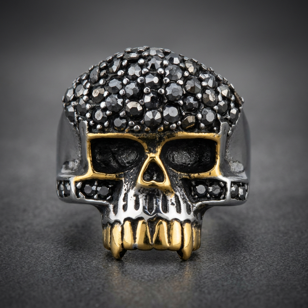 Heavy 316L stainless steel skull ring with pavé black crystals, golden jawline and eye accents, HardKnocker™ design.
