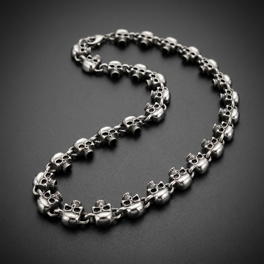 Apex Skull Chain necklace in 316L stainless steel, featuring multiple interconnected skull links with darkened eye sockets, polished finish.