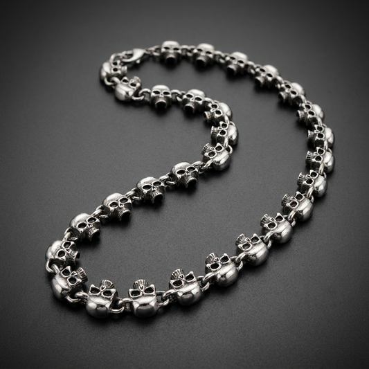 Apex Skull Chain necklace in 316L stainless steel, featuring multiple interconnected skull links with darkened eye sockets, polished finish.