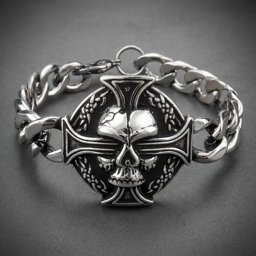 Heavy 316L stainless steel bracelet featuring an etched central skull on a cross emblem, connected to thick cuban link chain with secure clasp, in a bright silver and dark oxidized finish.