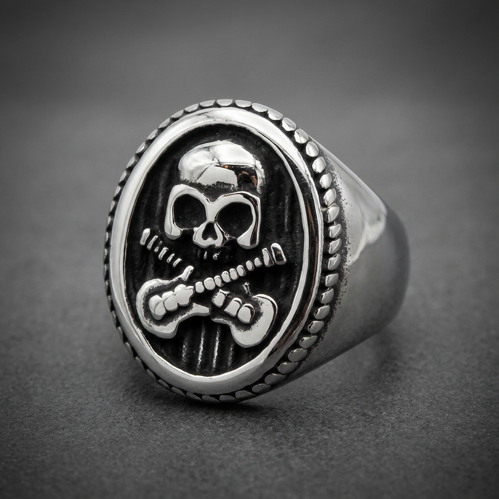 Oval signet ring with a central skull and two crossed electric guitars, 316L stainless steel with dark background.