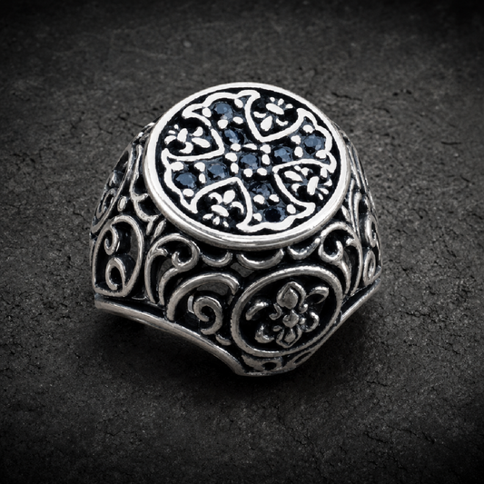 Apostles' Cross - Ring w/BLACK Zircon Gemstones - 316L stainless steel unisex jewelry (R0689)