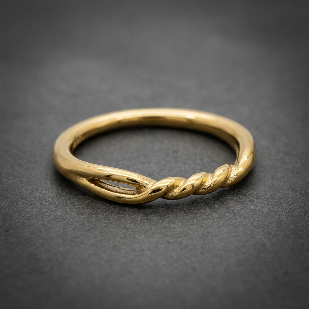 Solid gold-colored 316L stainless steel ring with a twisted rope-like band texture on one side, high polish finish.