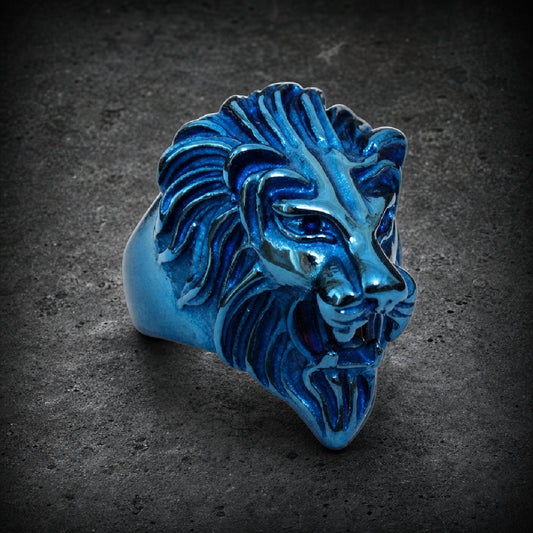 Azure Roar — Lion Ring - 316L stainless steel unisex jewelry, blue metallic lion head ring, 316l stainless steel lion ring…
